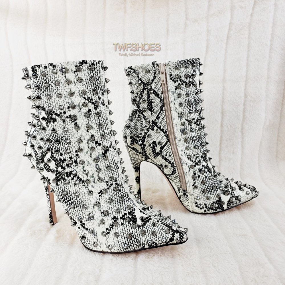 Passion Off White Black Snake Spiked 4.5" High Heel Ankle Boots - Picture 7 of 12